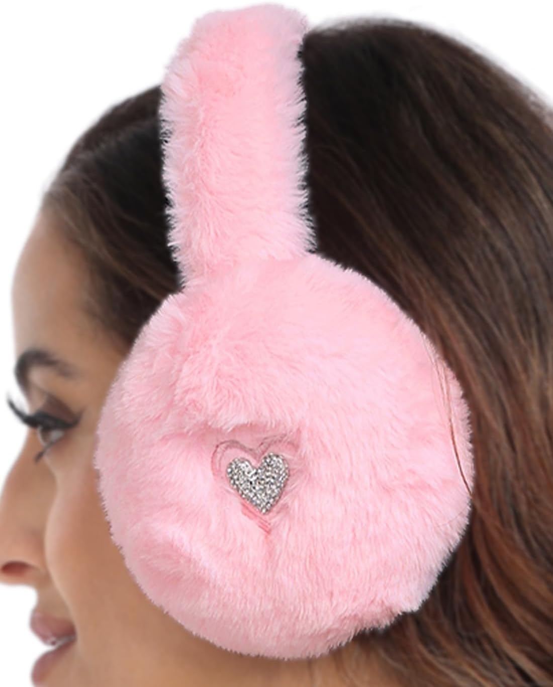 image:imageHDE Womens Fuzzy Faux Fur Earmuffs Cute Foldable Winter Ear Warmers with Rhinestone Charms Adjustable Outdoor Ear CoversLight Pink Heart Charm