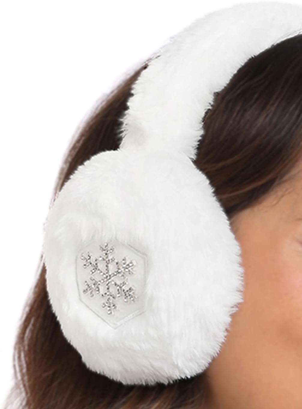 image:imageHDE Womens Fuzzy Faux Fur Earmuffs Cute Foldable Winter Ear Warmers with Rhinestone Charms Adjustable Outdoor Ear CoversWhite Snowflake Charm