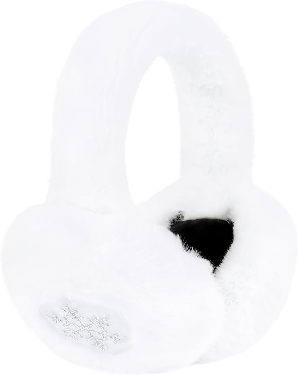 image:imageHDE Womens Fuzzy Faux Fur Earmuffs Cute Foldable Winter Ear Warmers with Rhinestone Charms Adjustable Outdoor Ear CoversWhite Snowflake Charm