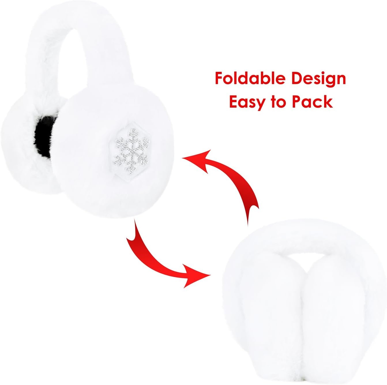 image:imageHDE Womens Fuzzy Faux Fur Earmuffs Cute Foldable Winter Ear Warmers with Rhinestone Charms Adjustable Outdoor Ear CoversWhite Snowflake Charm