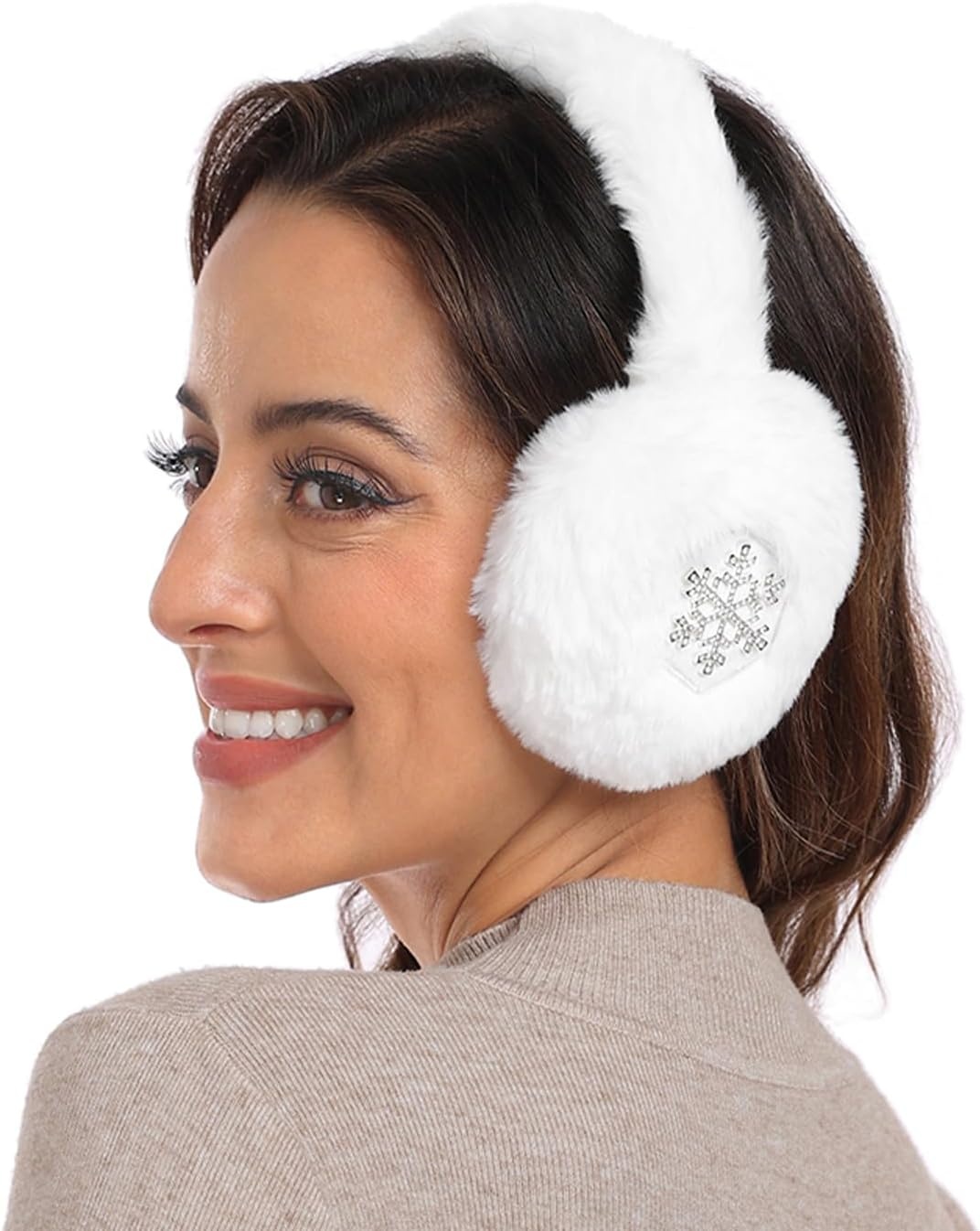 image:imageHDE Womens Fuzzy Faux Fur Earmuffs Cute Foldable Winter Ear Warmers with Rhinestone Charms Adjustable Outdoor Ear CoversWhite Snowflake Charm