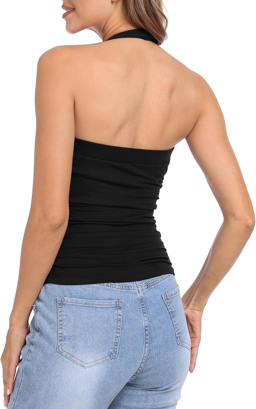 image:imageHDE Womens Halter Top with Built in Bra Ruched Backless Basic Summer TopsBlack