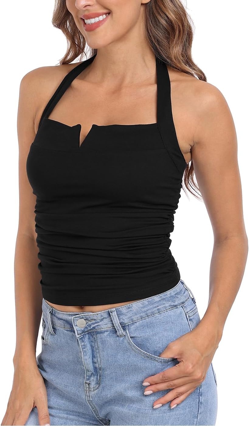 image:imageHDE Womens Halter Top with Built in Bra Ruched Backless Basic Summer TopsBlack
