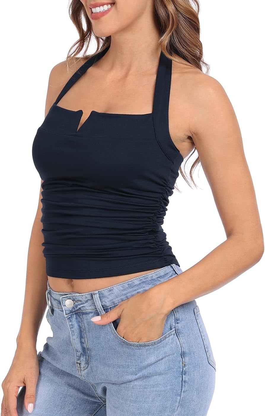image:imageHDE Womens Halter Top with Built in Bra Ruched Backless Basic Summer TopsNavy Blue