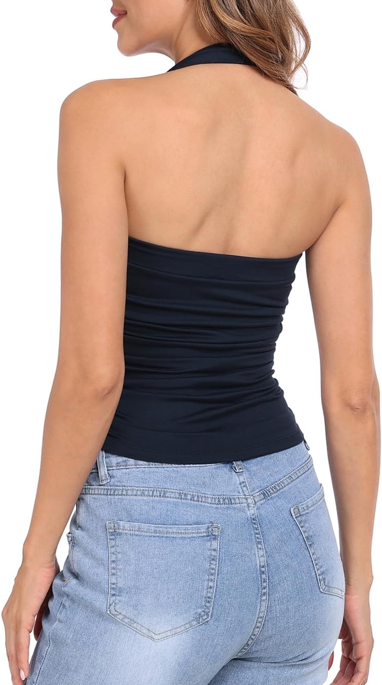 image:imageHDE Womens Halter Top with Built in Bra Ruched Backless Basic Summer TopsNavy Blue