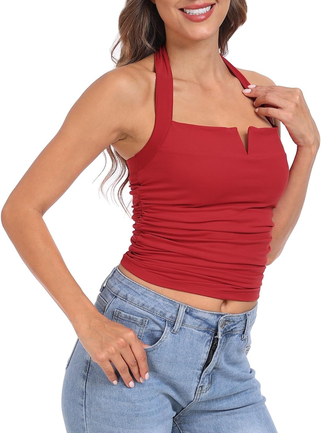 image:imageHDE Womens Halter Top with Built in Bra Ruched Backless Basic Summer TopsRed