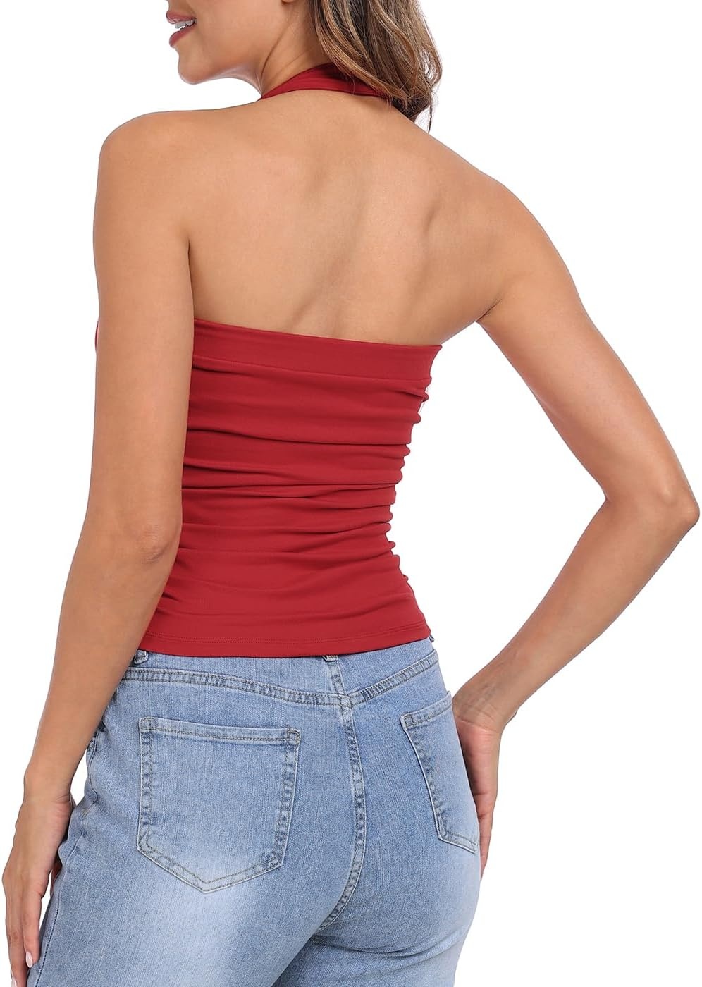 image:imageHDE Womens Halter Top with Built in Bra Ruched Backless Basic Summer TopsRed