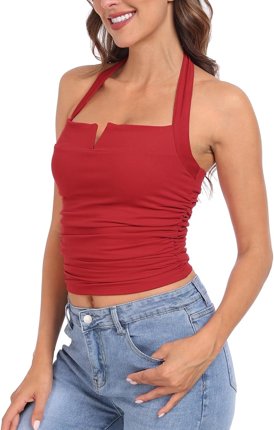 image:imageHDE Womens Halter Top with Built in Bra Ruched Backless Basic Summer TopsRed