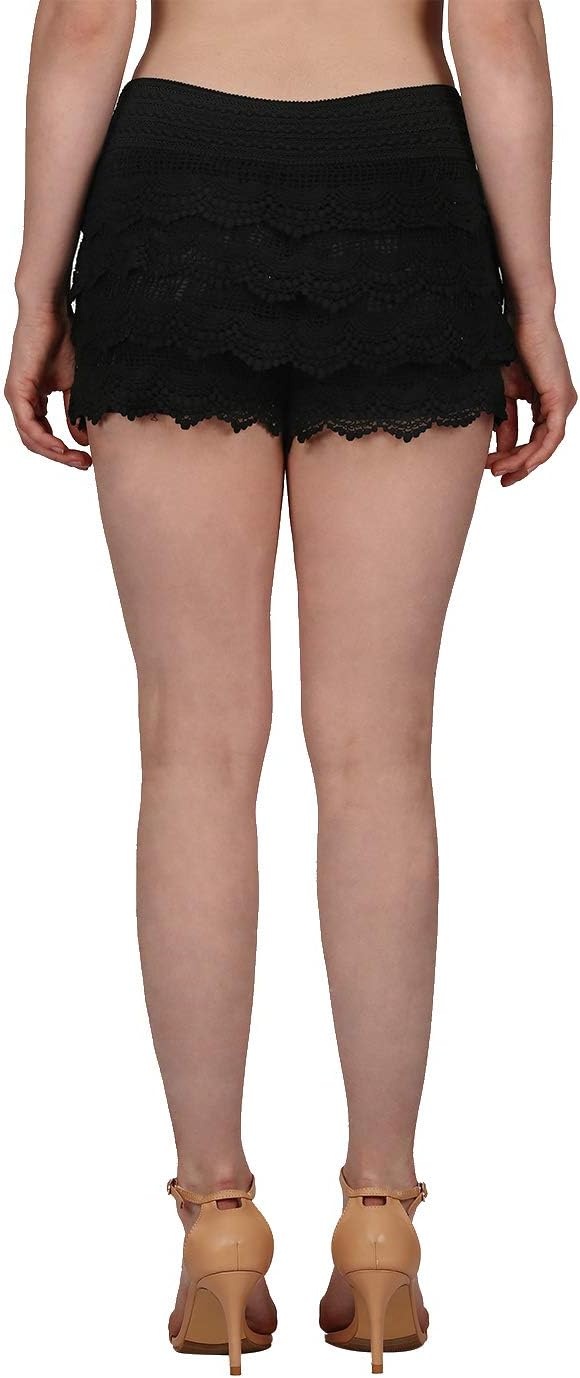image:imageHDE Womens Lace Shorts Fitted Scallop Hem Layered Crochet Mini Hot Pants Y2K Tiered Mid Rise Laced Vintage Summer ShortsBlack