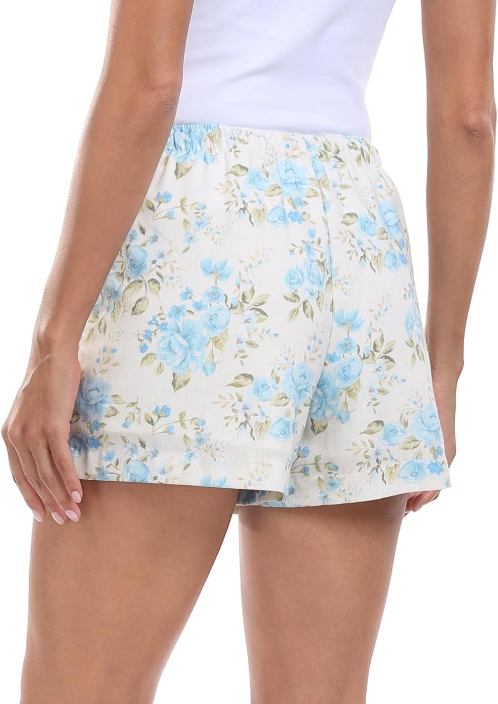 image:imageHDE Womens Linen Blend Drawstring Shorts High Waisted 4 Inseam Summer ShortsBlue Floral