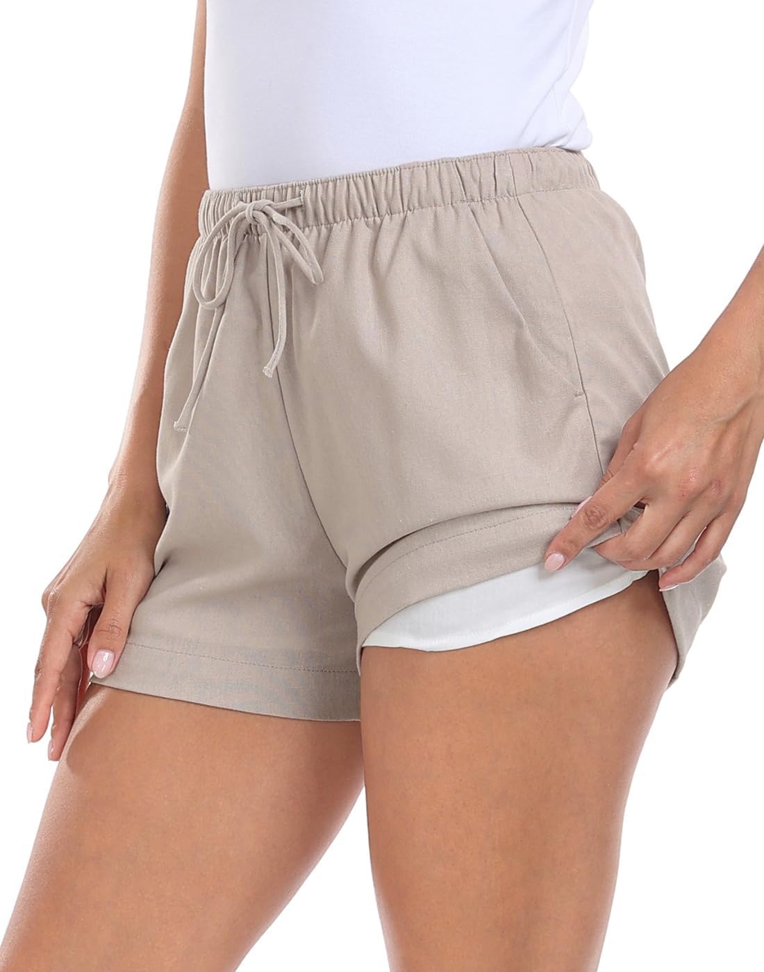 image:imageHDE Womens Linen Blend Drawstring Shorts High Waisted 4 Inseam Summer ShortsGray Beige