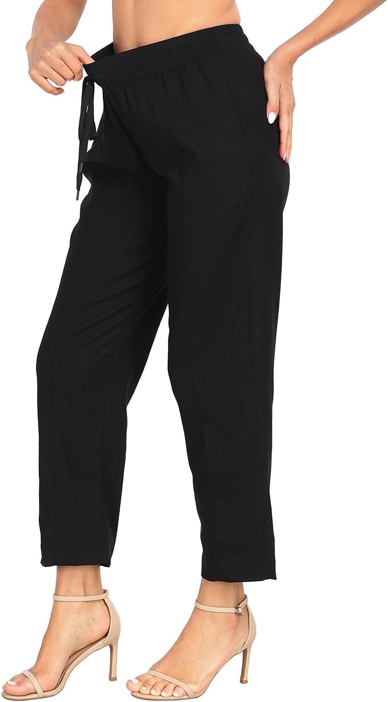 image:imageHDE Womens Linen Blend Pull On Pants Summer Drawstring Ankle Pant with PocketsBlack