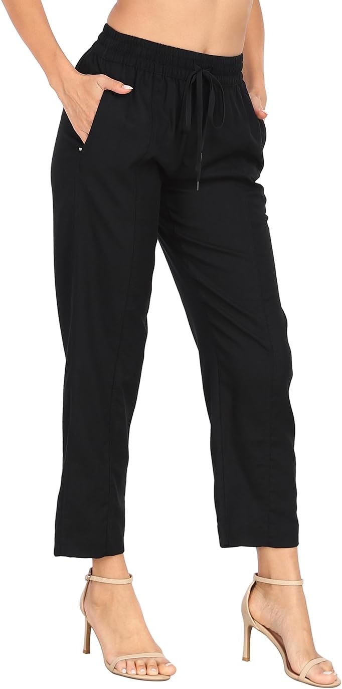 image:imageHDE Womens Linen Blend Pull On Pants Summer Drawstring Ankle Pant with PocketsBlack