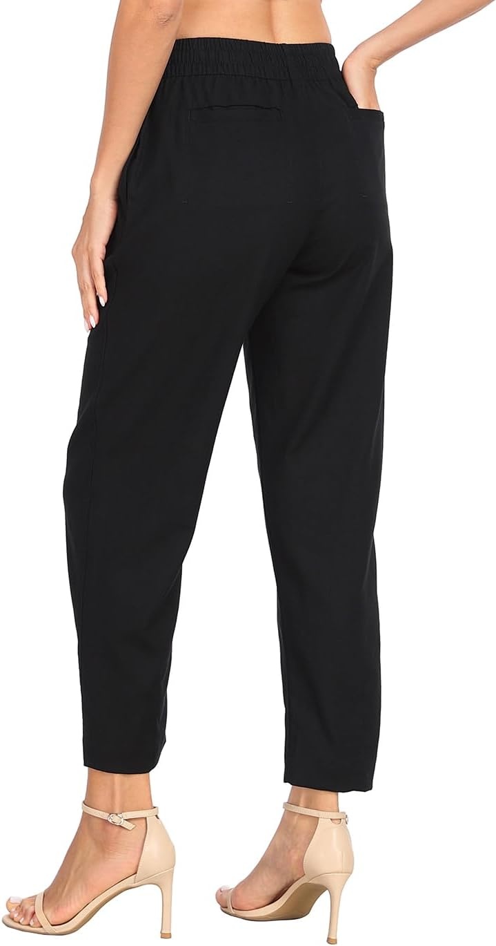 image:imageHDE Womens Linen Blend Pull On Pants Summer Drawstring Ankle Pant with PocketsBlack