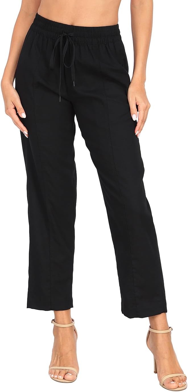 image:imageHDE Womens Linen Blend Pull On Pants Summer Drawstring Ankle Pant with PocketsBlack