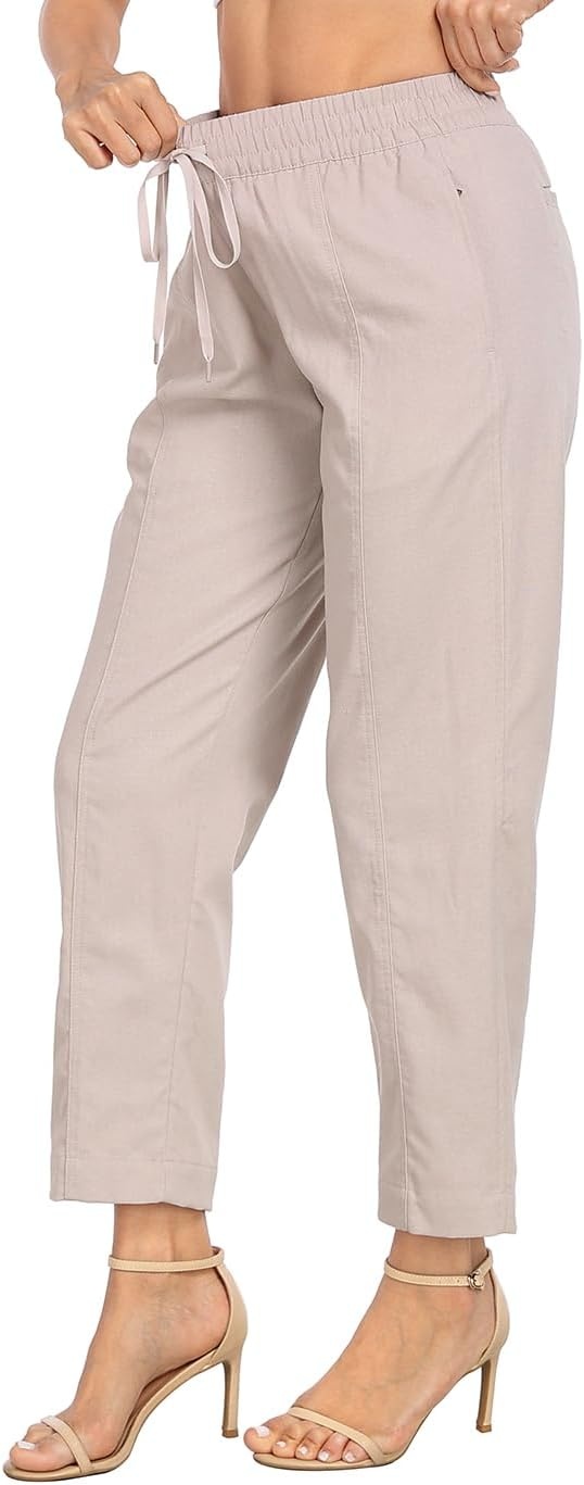 image:imageHDE Womens Linen Blend Pull On Pants Summer Drawstring Ankle Pant with PocketsGray Beige