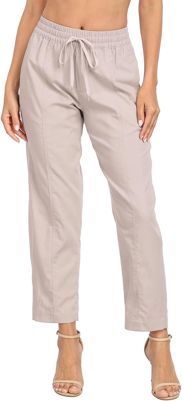 image:imageHDE Womens Linen Blend Pull On Pants Summer Drawstring Ankle Pant with PocketsGray Beige
