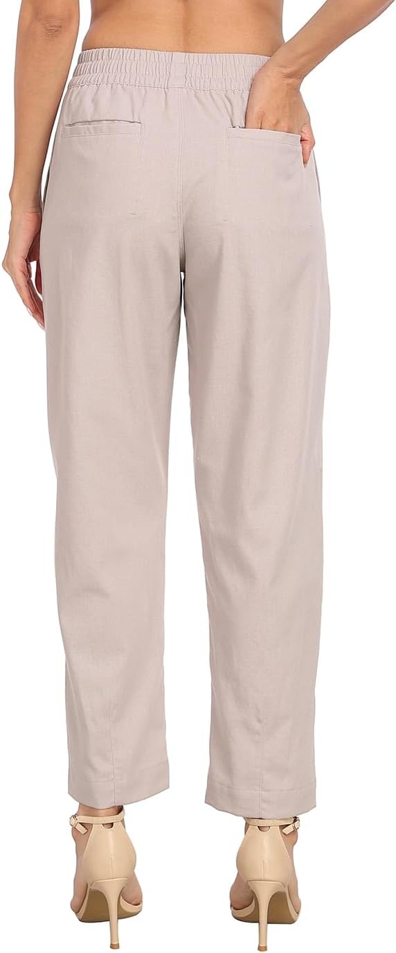 image:imageHDE Womens Linen Blend Pull On Pants Summer Drawstring Ankle Pant with PocketsGray Beige