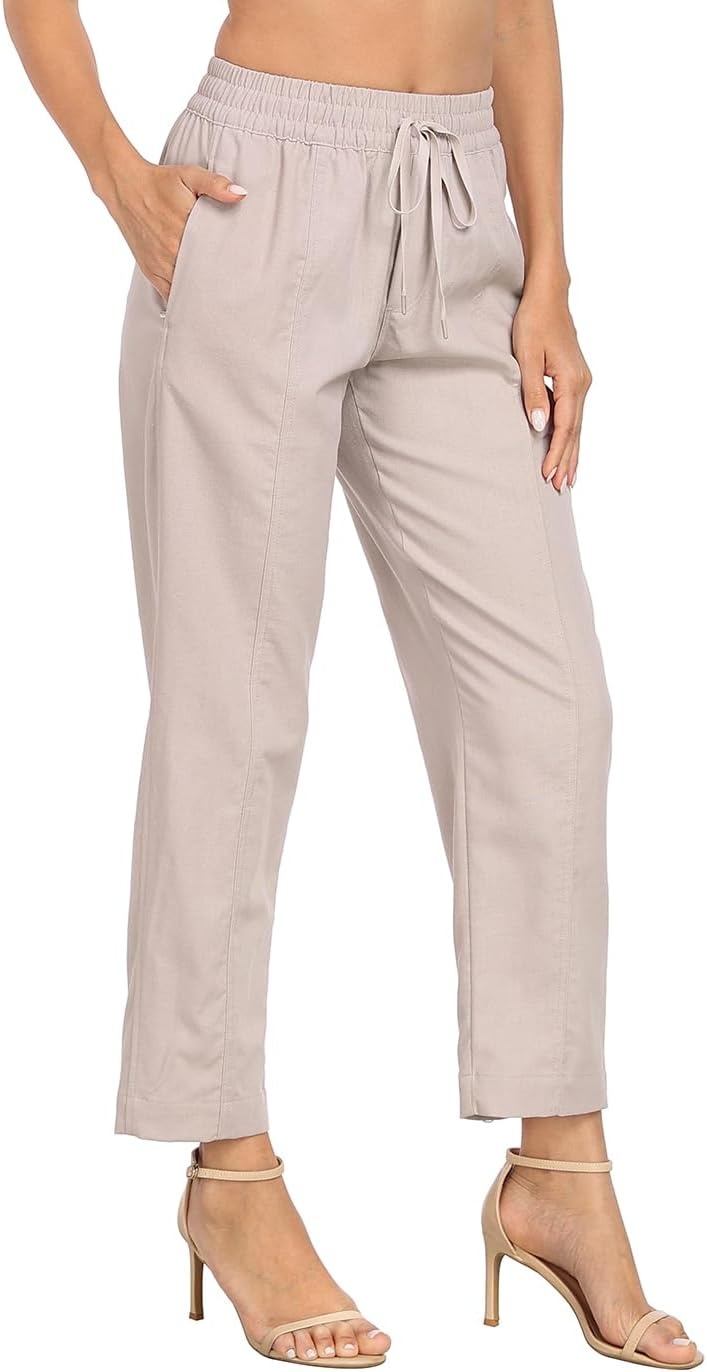 image:imageHDE Womens Linen Blend Pull On Pants Summer Drawstring Ankle Pant with PocketsGray Beige