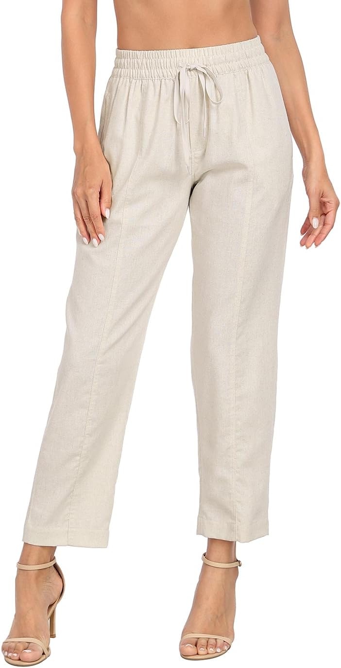 image:imageHDE Womens Linen Blend Pull On Pants Summer Drawstring Ankle Pant with PocketsKhaki Sand