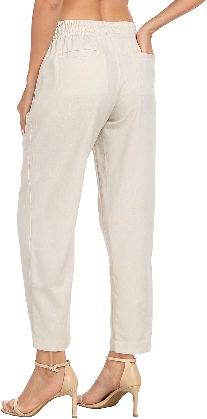 image:imageHDE Womens Linen Blend Pull On Pants Summer Drawstring Ankle Pant with PocketsKhaki Sand