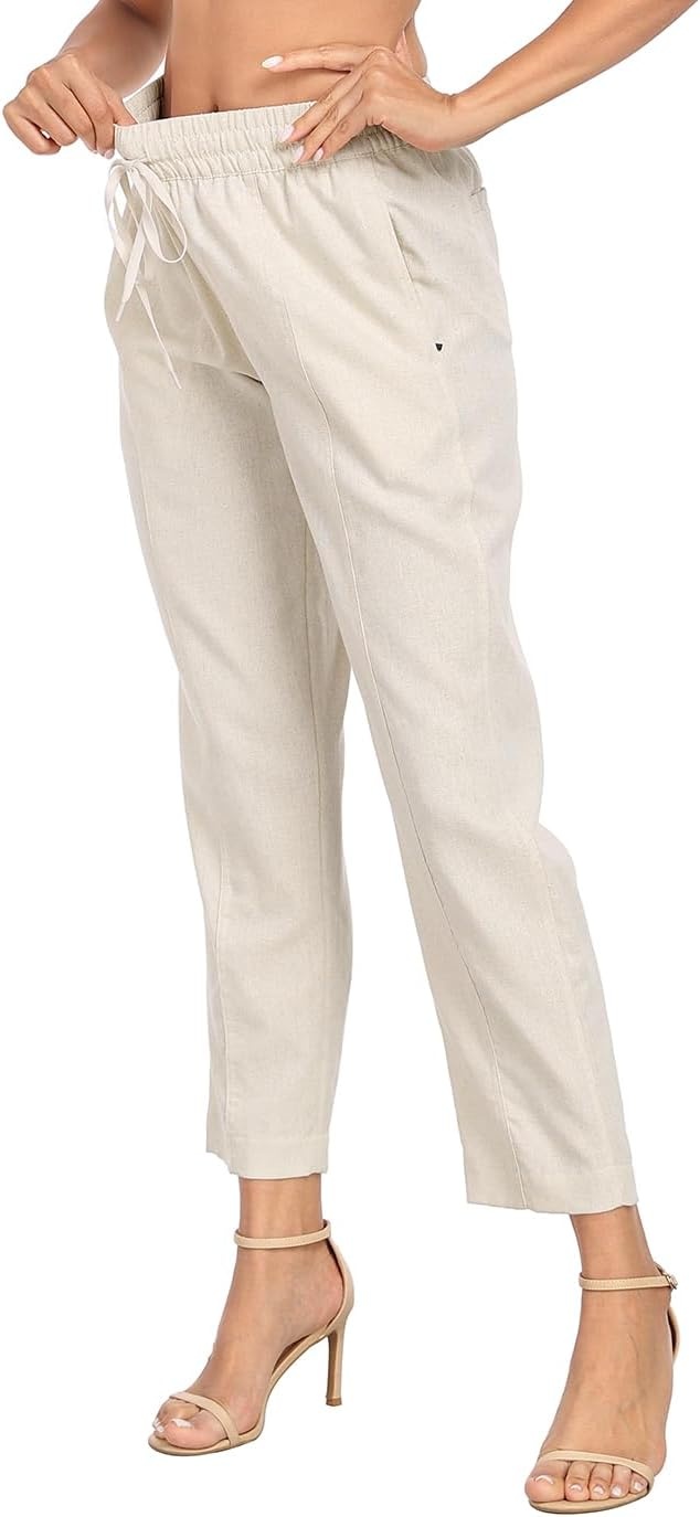 image:imageHDE Womens Linen Blend Pull On Pants Summer Drawstring Ankle Pant with PocketsKhaki Sand