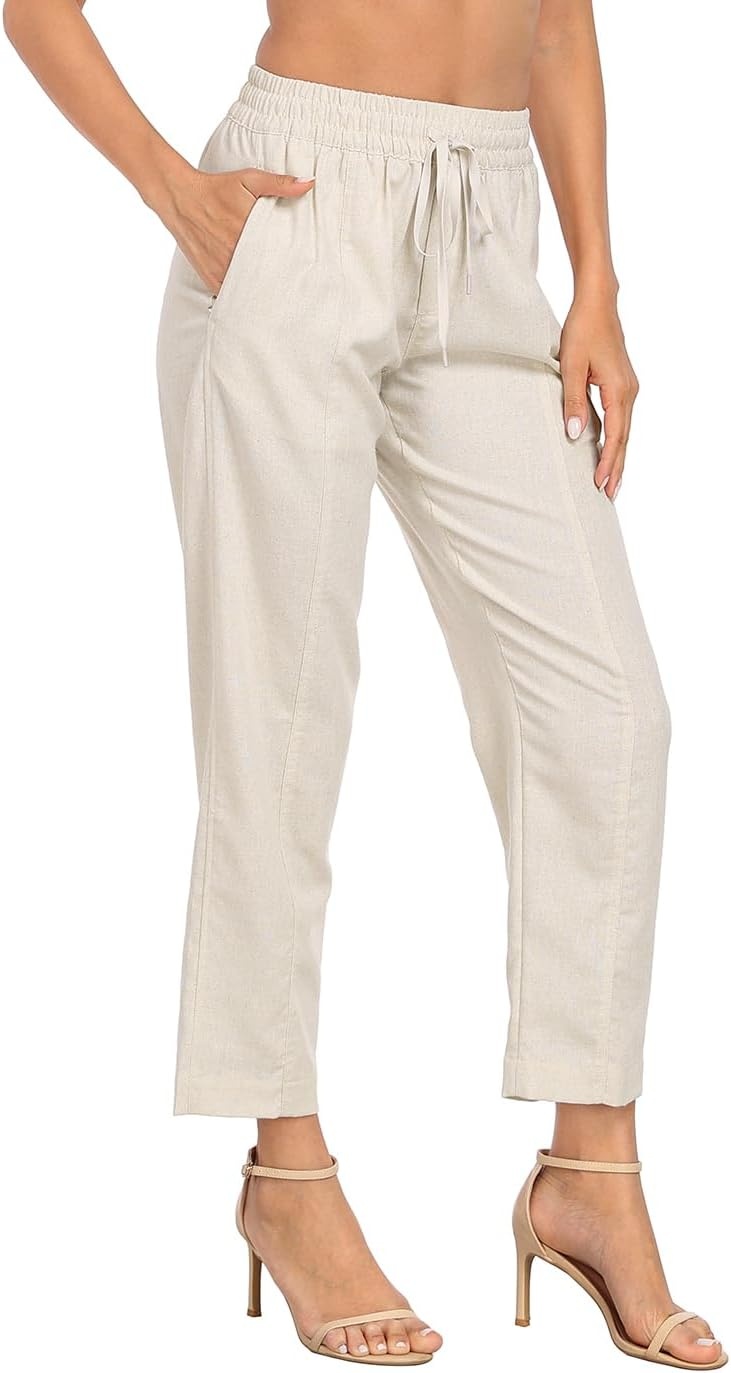 image:imageHDE Womens Linen Blend Pull On Pants Summer Drawstring Ankle Pant with PocketsKhaki Sand