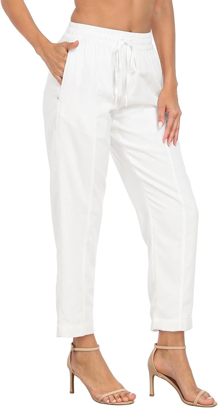 image:imageHDE Womens Linen Blend Pull On Pants Summer Drawstring Ankle Pant with PocketsWhite