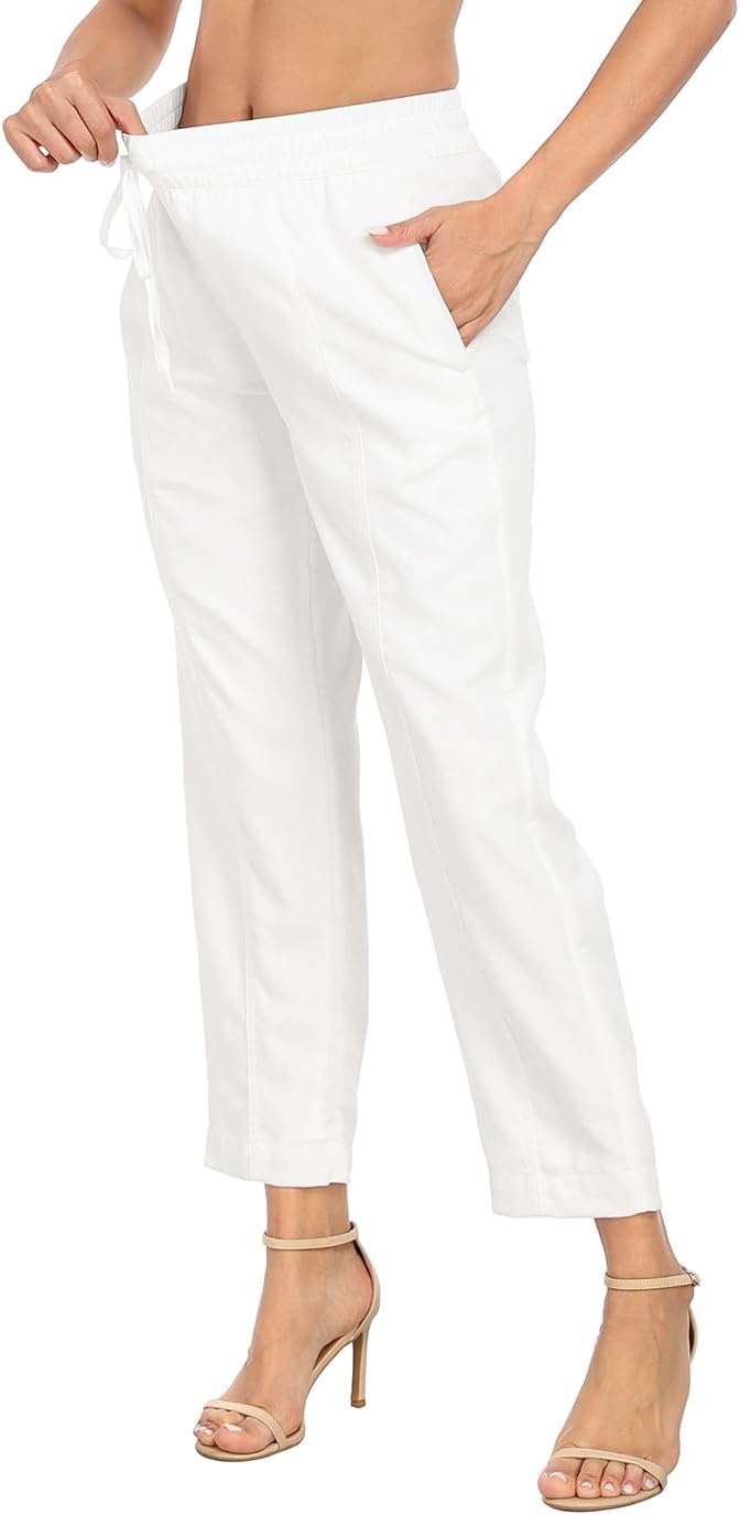 image:imageHDE Womens Linen Blend Pull On Pants Summer Drawstring Ankle Pant with PocketsWhite