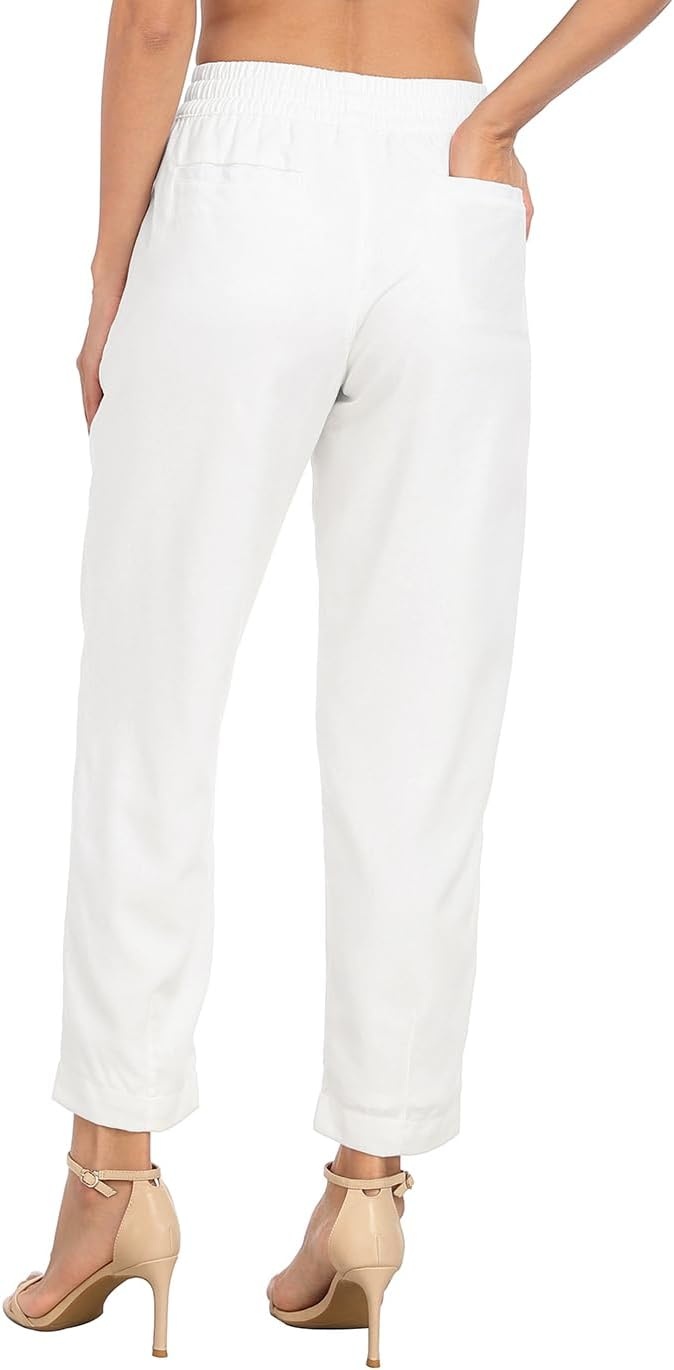 image:imageHDE Womens Linen Blend Pull On Pants Summer Drawstring Ankle Pant with PocketsWhite