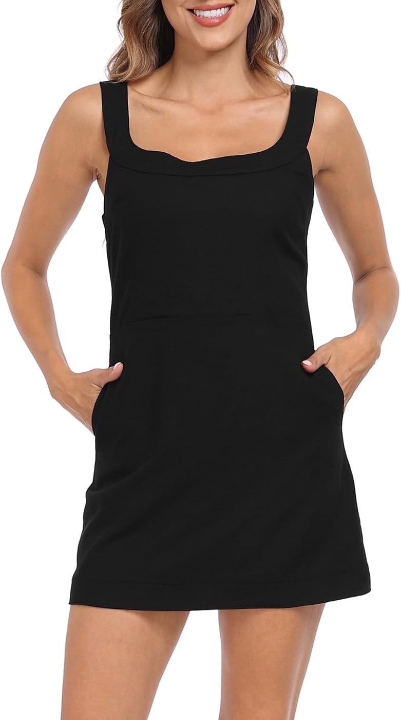 image:imageHDE Womens Linen Mini Dress Sundress Sleeveless Summer Dresses with PocketsBlack