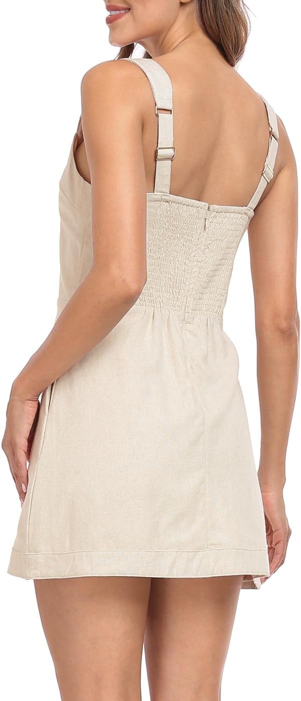 image:imageHDE Womens Linen Mini Dress Sundress Sleeveless Summer Dresses with PocketsKhaki Sand