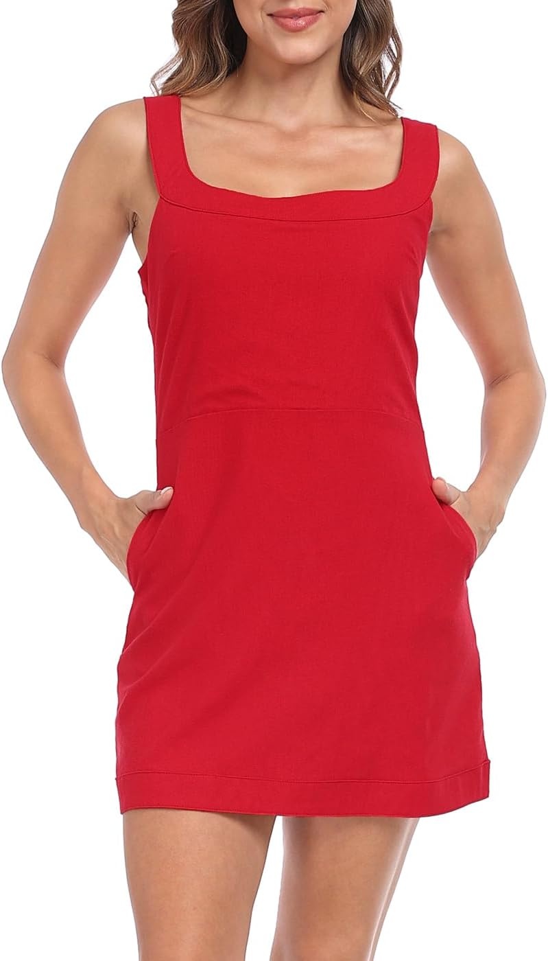 image:imageHDE Womens Linen Mini Dress Sundress Sleeveless Summer Dresses with PocketsRed