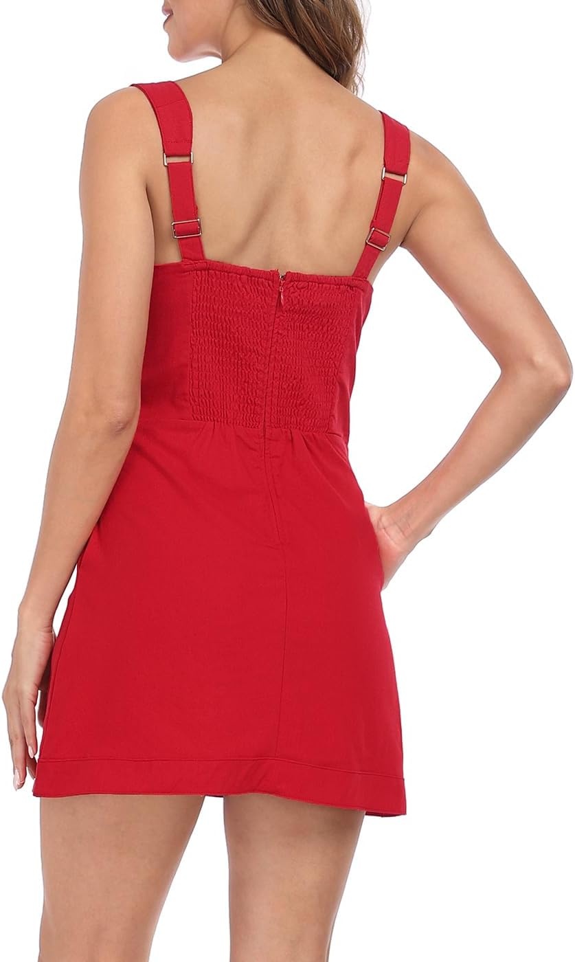 image:imageHDE Womens Linen Mini Dress Sundress Sleeveless Summer Dresses with PocketsRed