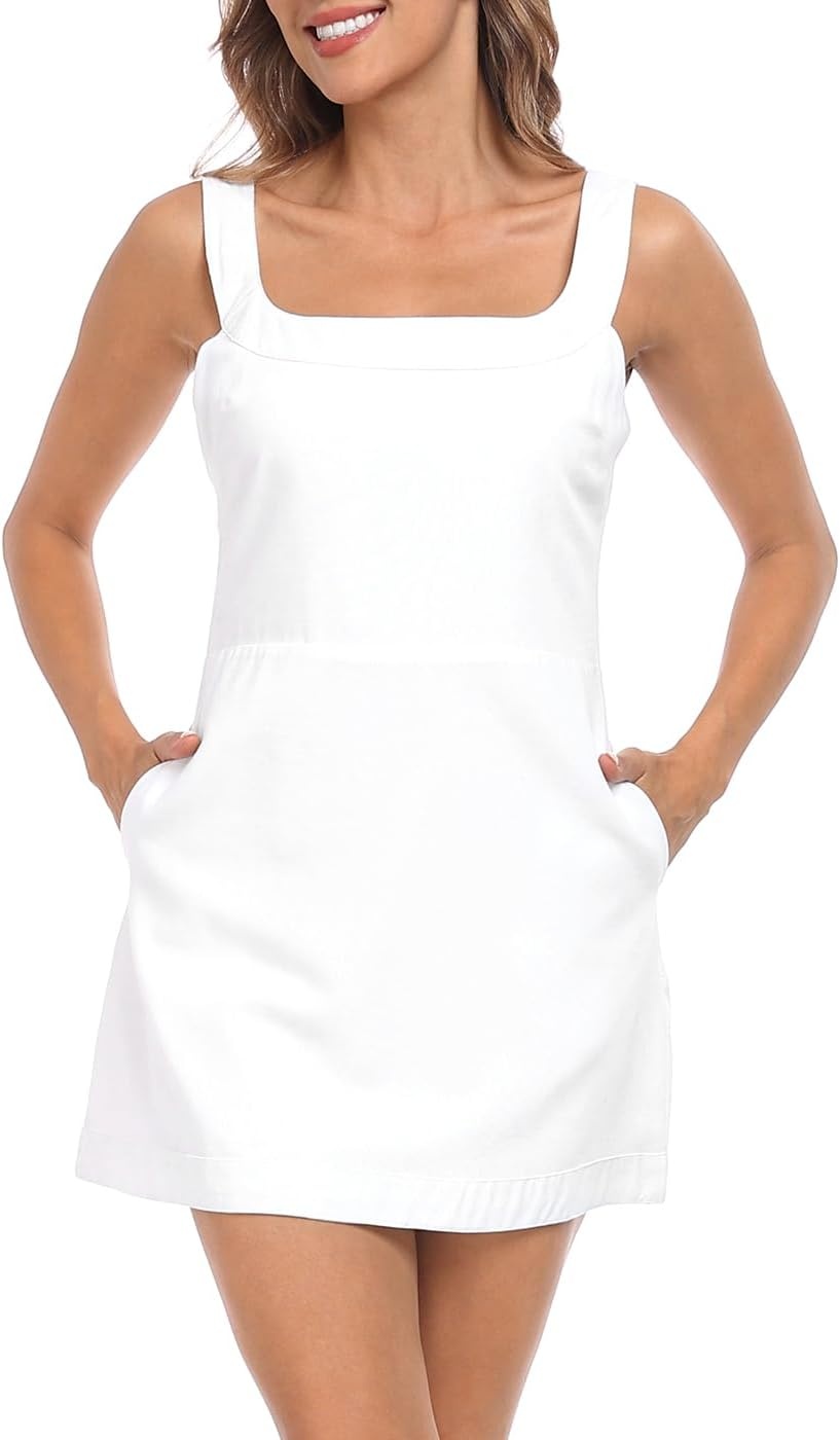 image:imageHDE Womens Linen Mini Dress Sundress Sleeveless Summer Dresses with PocketsWhite