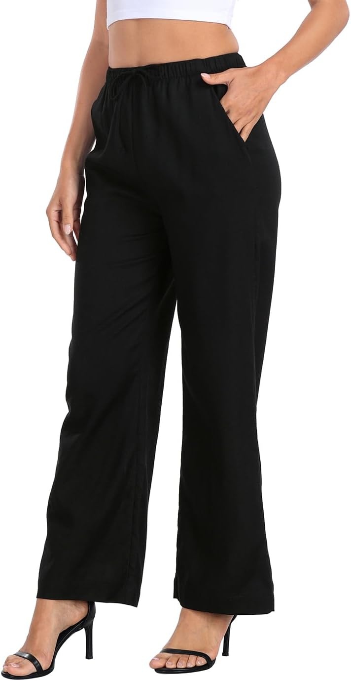 image:imageHDE Womens Linen Pull On Drawstring Pants High Waist Wide Leg Palazzo Beach Trouser Flowy Casual Summer Pants with PocketsBlack