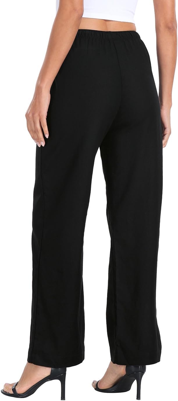 image:imageHDE Womens Linen Pull On Drawstring Pants High Waist Wide Leg Palazzo Beach Trouser Flowy Casual Summer Pants with PocketsBlack