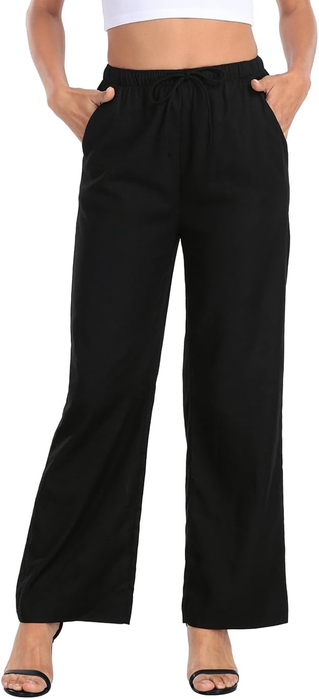 image:imageHDE Womens Linen Pull On Drawstring Pants High Waist Wide Leg Palazzo Beach Trouser Flowy Casual Summer Pants with PocketsBlack