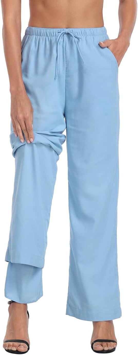 image:imageHDE Womens Linen Pull On Drawstring Pants High Waist Wide Leg Palazzo Beach Trouser Flowy Casual Summer Pants with PocketsBlue