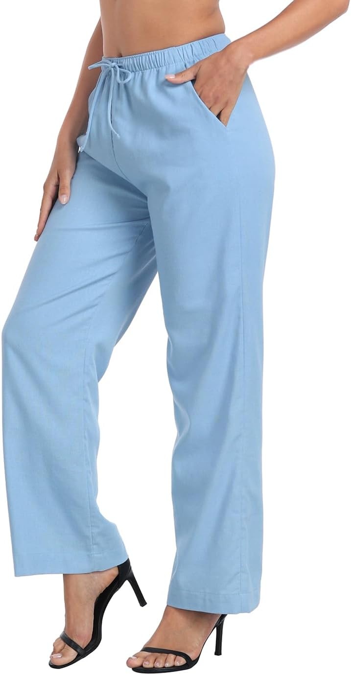 image:imageHDE Womens Linen Pull On Drawstring Pants High Waist Wide Leg Palazzo Beach Trouser Flowy Casual Summer Pants with PocketsBlue