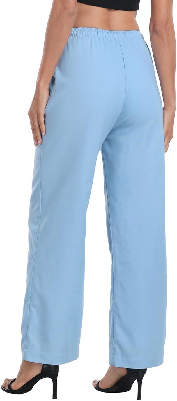 image:imageHDE Womens Linen Pull On Drawstring Pants High Waist Wide Leg Palazzo Beach Trouser Flowy Casual Summer Pants with PocketsBlue