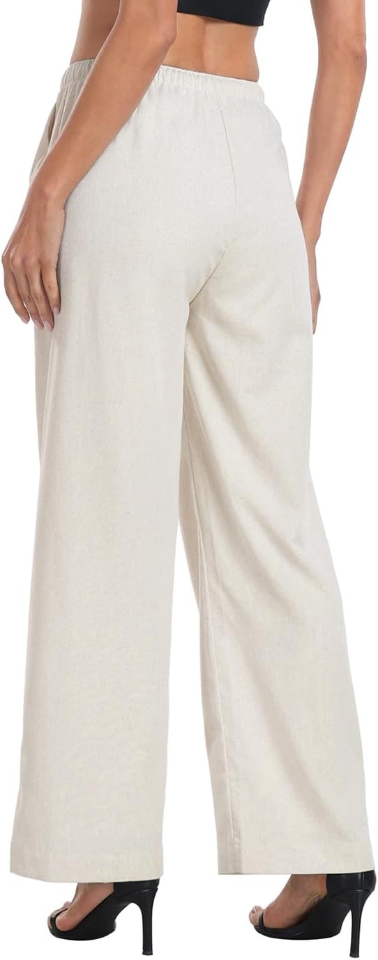 image:imageHDE Womens Linen Pull On Drawstring Pants High Waist Wide Leg Palazzo Beach Trouser Flowy Casual Summer Pants with PocketsKhaki Sand