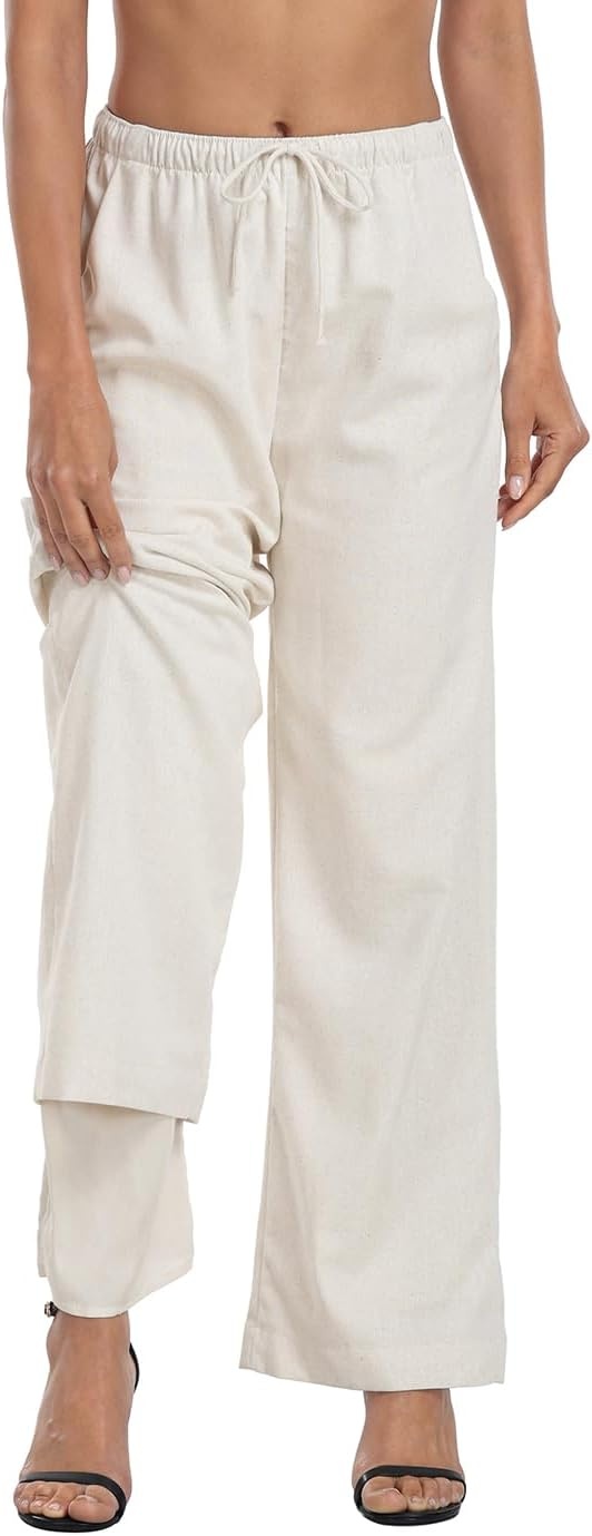image:imageHDE Womens Linen Pull On Drawstring Pants High Waist Wide Leg Palazzo Beach Trouser Flowy Casual Summer Pants with PocketsKhaki Sand