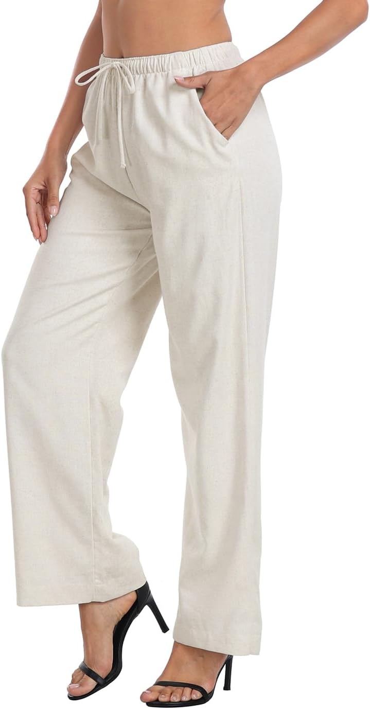 image:imageHDE Womens Linen Pull On Drawstring Pants High Waist Wide Leg Palazzo Beach Trouser Flowy Casual Summer Pants with PocketsKhaki Sand