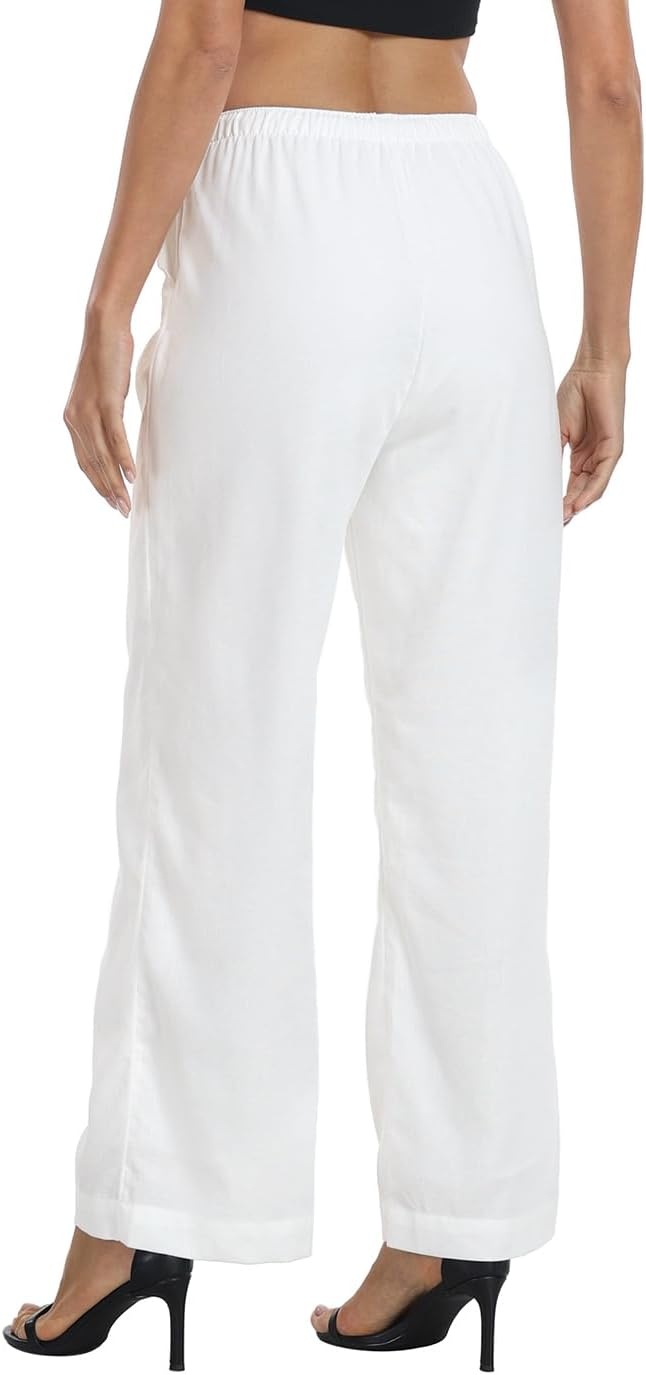 image:imageHDE Womens Linen Pull On Drawstring Pants High Waist Wide Leg Palazzo Beach Trouser Flowy Casual Summer Pants with PocketsWhite