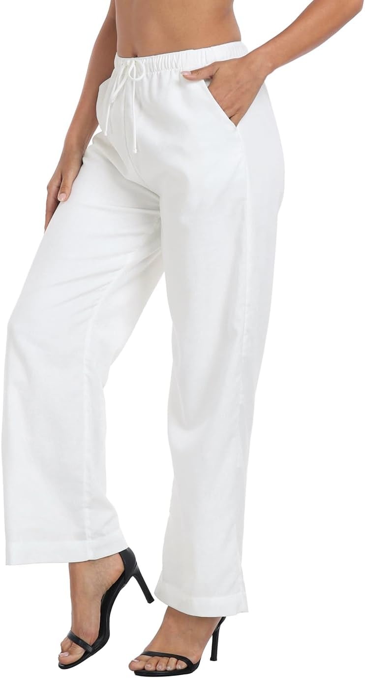 image:imageHDE Womens Linen Pull On Drawstring Pants High Waist Wide Leg Palazzo Beach Trouser Flowy Casual Summer Pants with PocketsWhite