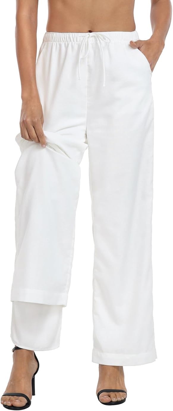 image:imageHDE Womens Linen Pull On Drawstring Pants High Waist Wide Leg Palazzo Beach Trouser Flowy Casual Summer Pants with PocketsWhite