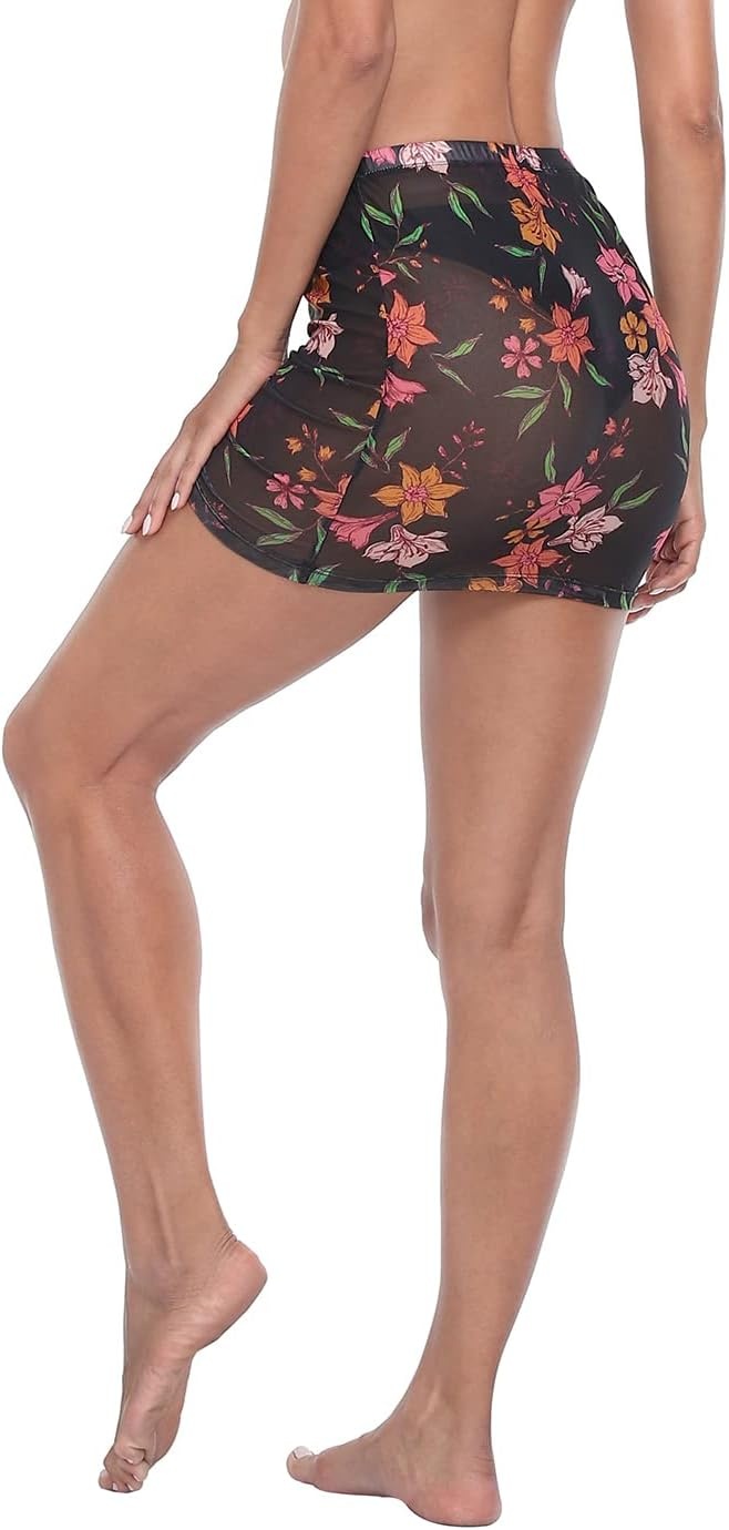 image:imageHDE Womens Mesh Mini Skirt Sheer Cover Up Drawstring Ruched Swimsuit CoverupBlack Daffodil