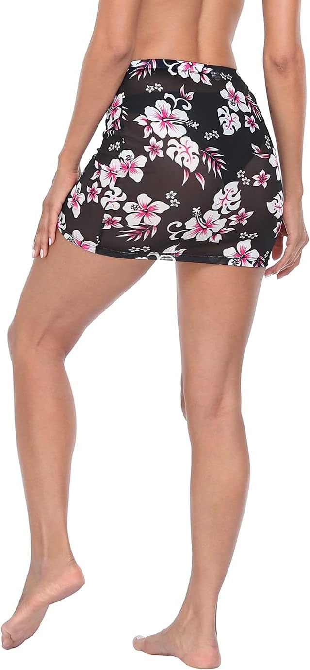 image:imageHDE Womens Mesh Mini Skirt Sheer Cover Up Drawstring Ruched Swimsuit CoverupPink Hibiscus