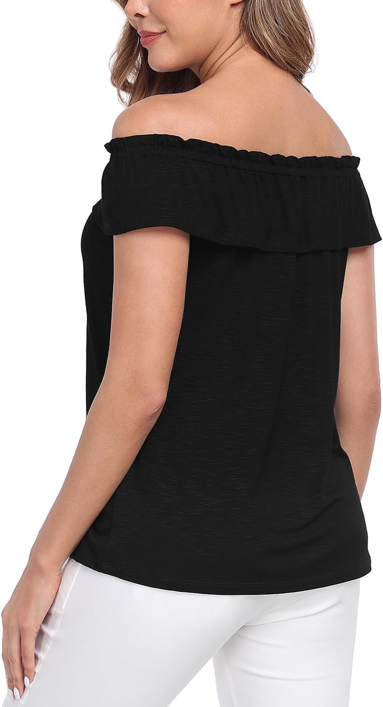 image:imageHDE Womens Off Shoulder Ruffle Tops Loose Summer Convertible Sleeveless BlouseBlack